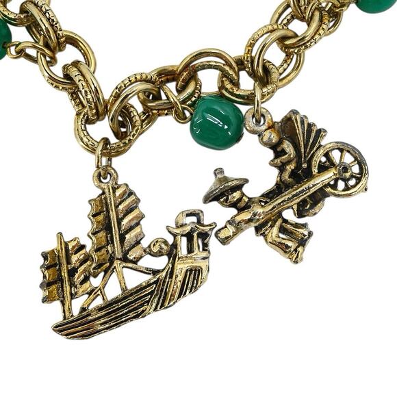 Vintage Asian Pagoda Charm Bracelet Buddha Ship Faux Jade Green Beads 1970s 7” - Picture 3 of 6
